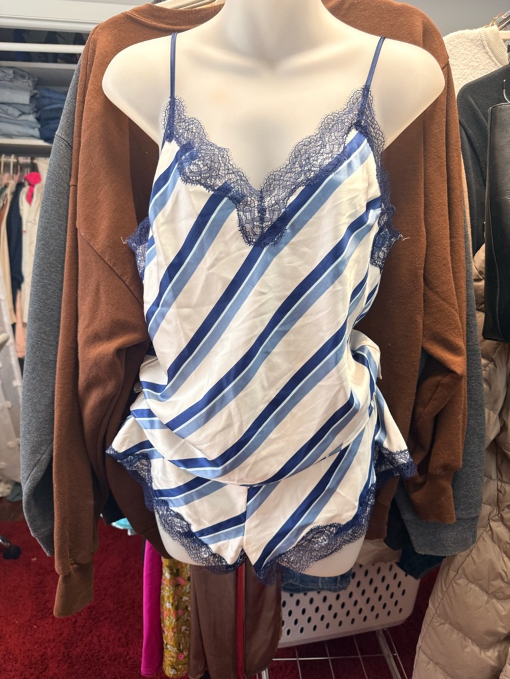 Y2K Victoria Secrets Blue & White Striped Lace Trim Cami and Shorts Set